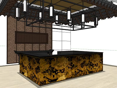 Modern Traditional Reception Desk With Golden Patterned Surface And Brick Wall Background 3d model