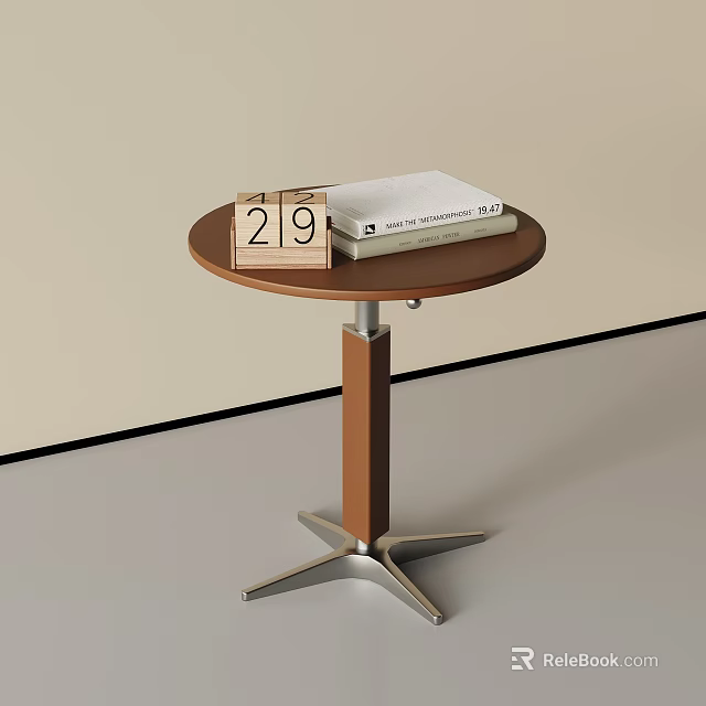 Round Wooden Side Table With Metal Base Calendar And White Book On Top 3d model 