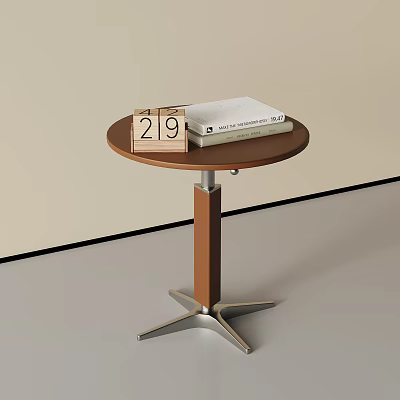Round Wooden Side Table With Metal Base Calendar And White Book On Top 3d model