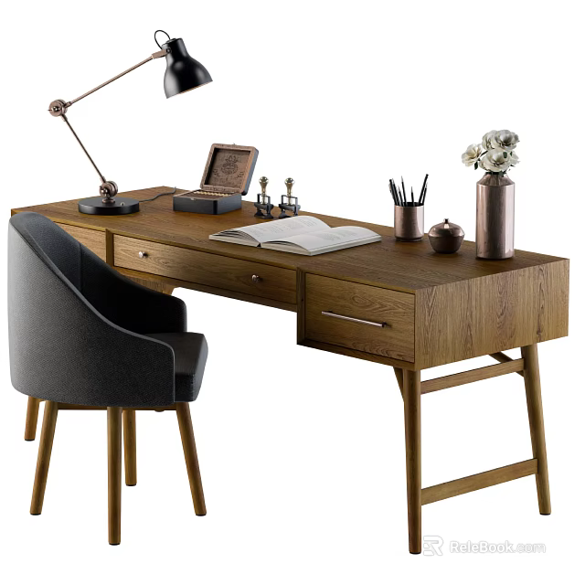 Wooden Desk With Gray Chair Open Book Desk Lamp Photo Frame Pen Holder And Vase 3d model 