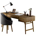 Wooden Desk With Gray Chair Open Book Desk Lamp Photo Frame Pen Holder And Vase