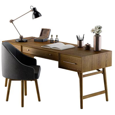 Wooden Desk With Gray Chair Open Book Desk Lamp Photo Frame Pen Holder And Vase 3d model