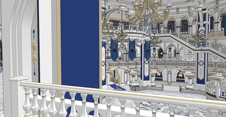 Religious Faith Interior With Grand Chandelier Two Story Design Blue Banners And Arched Windows 3d model 
