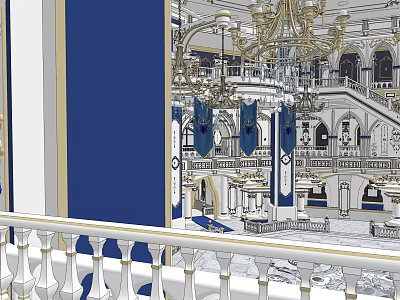 Religious Faith Interior With Grand Chandelier Two Story Design Blue Banners And Arched Windows 3d model