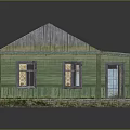 Green Wooden House With Metal Roof Windows Door And Surface Reflection