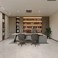 Modern Office Interior With Chinese Calligraphy Sofa Desk Bookshelf Windows Green Plants And Marble Floor