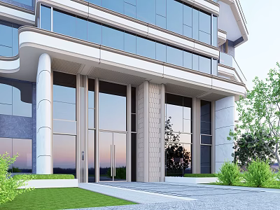 Modern Building Exterior With Large Glass Windows Stone Cladding Entrance And Lawn Greenery 3d model