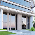 Modern Building Exterior With Large Glass Windows Stone Cladding Entrance And Lawn Greenery