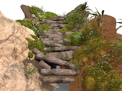 Scenic Natural Path With Wooden Steps Mossy Rocks And Lush Green Foliage 3d model
