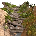 Scenic Natural Path With Wooden Steps Mossy Rocks And Lush Green Foliage