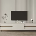 Modern Minimalist TV Stand With Flat Screen TV Decorative Vases Against Vertical Striped Wall