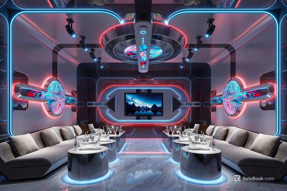 Modern Futuristic KTV Lounge Interior With Neon Lights Sofas TV Round Tables And Light Decorations 3d model 