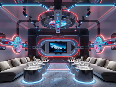 Modern Futuristic KTV Lounge Interior With Neon Lights Sofas TV Round Tables And Light Decorations 3d model