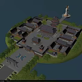 Ancient Chinese Architecture Complex on Island With Traditional Roofs White Statue and Water Surroundings