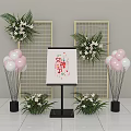 Gold Grid Display Shelves With Green Plants White Flowers And Pink Balloons For Welcome Decor