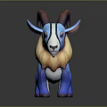 3D Blue Goat Model With Brown Horns Orange Mane White Markings Standing on Dark Background