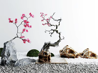 Serene Indoor Landscape With Bonsai Trees Pink Blossoms Decorative Rocks And White Pebbles 3d model