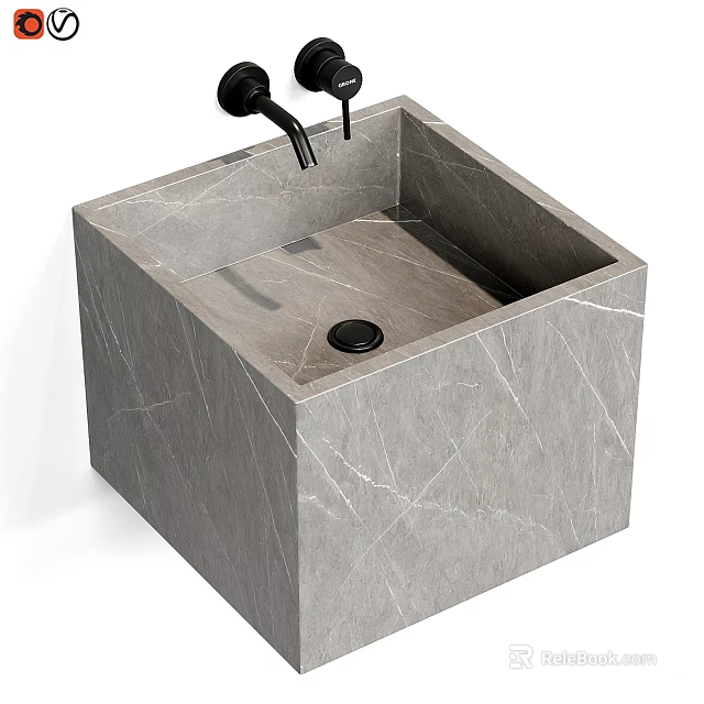 Modern Square Gray Marble Texture Bathroom Washbasin With Black Faucet Design 3d model 