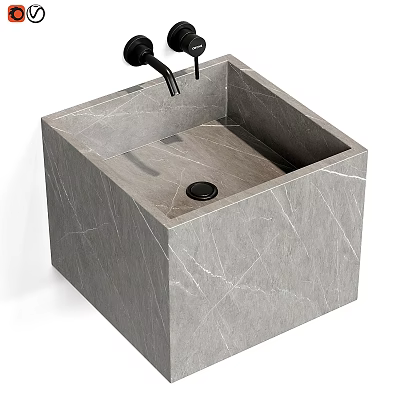 Modern Square Gray Marble Texture Bathroom Washbasin With Black Faucet Design 3d model