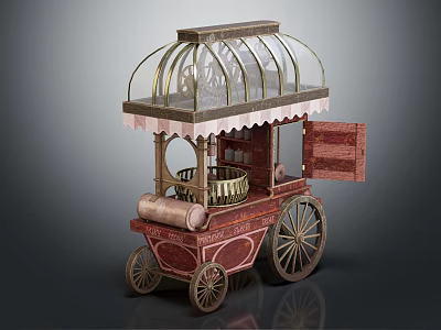 Vintage Food Cart Featuring Glass Canopy Wooden Design And Decorative Wheels 3d model
