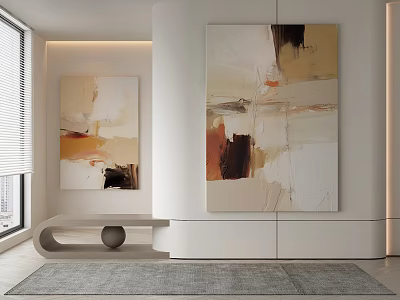 Modern Interior With Abstract Paintings In Warm Tones And Minimalist Design 3d model
