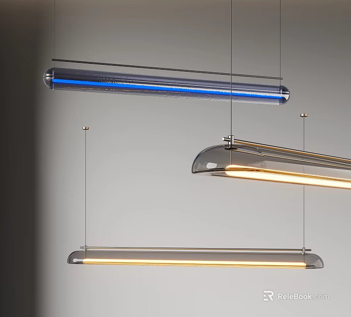 Three Modern Pendant Lights Hanging From Ceiling With Metal And Glass Illuminated Design 3d model 