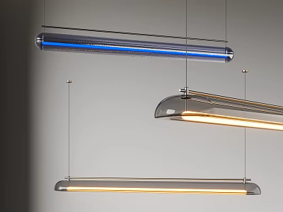 Three Modern Pendant Lights Hanging From Ceiling With Metal And Glass Illuminated Design 3d model