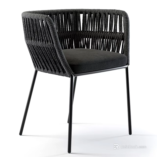 Modern Black Accent Chair With Wicker Back Metal Legs And Upholstered Seat 3d model 