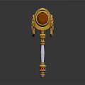 Ornate Hammer Weapon With Golden Details Orange Red Head Green Gemstones White Handle Colorful Ornaments