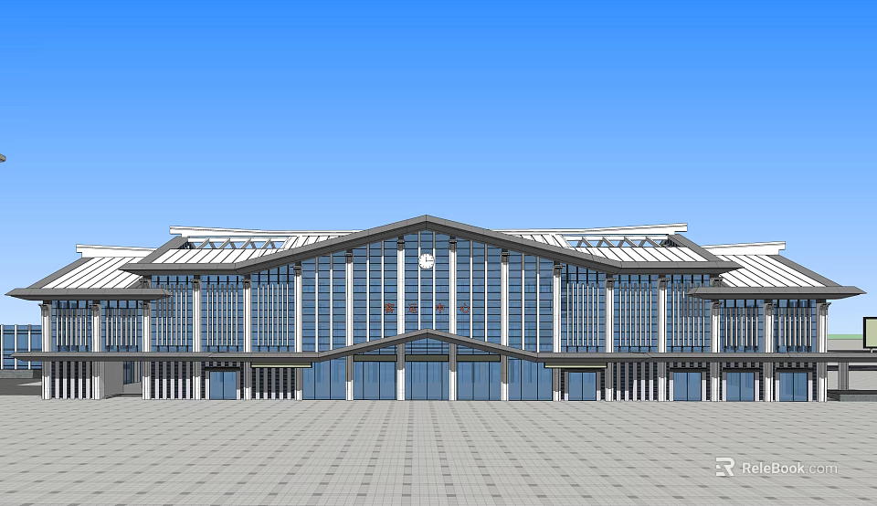 Grand Public Building With Modern Glass Facade Sloped Roof And Spacious Plaza 3d model 