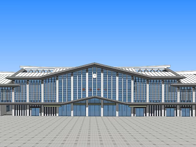 Grand Public Building With Modern Glass Facade Sloped Roof And Spacious Plaza 3d model