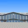 Grand Public Building With Modern Glass Facade Sloped Roof And Spacious Plaza