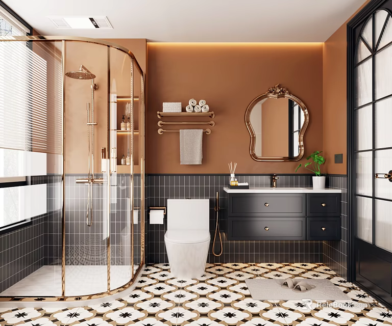 Modern Bathroom Interior Featuring Glass Shower Brown Wall Black Vanity Patterned Tiles And Mirror 3d model 
