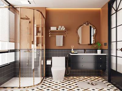 Modern Bathroom Interior Featuring Glass Shower Brown Wall Black Vanity Patterned Tiles And Mirror 3d model