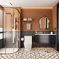 Modern Bathroom Interior Featuring Glass Shower Brown Wall Black Vanity Patterned Tiles And Mirror
