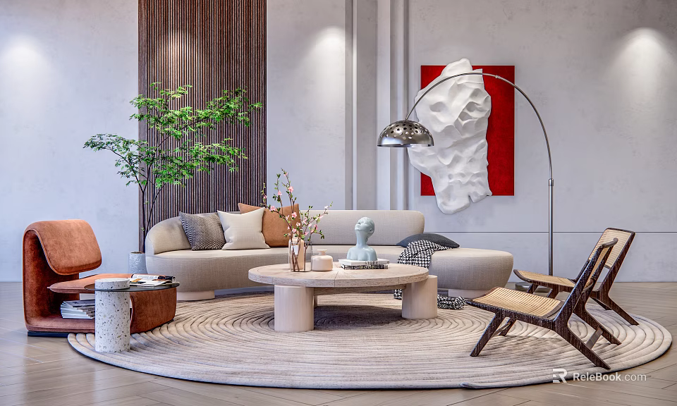 Modern Sofa And Coffee Table Set With Green Plant Floor Lamp And Decorative Painting 3d model 