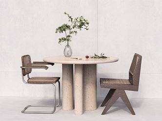 Quiet Dining Table and Chair Combination Round Table Dining Table and Chair Marble Dining Table and Chair Warehouse Digal Dining Chair Middle Ancient Dining Chair Vase Fruit 3d model