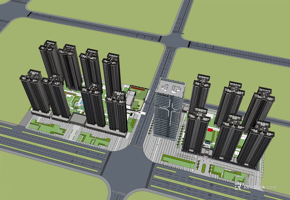 Modern High Rise Residential Complex With Urban Planning Roads And Green Spaces 3d model 