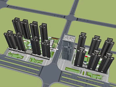 Modern High Rise Residential Complex With Urban Planning Roads And Green Spaces 3d model