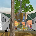 Modern Park Landscape With Tall Tower Container Buildings Trees People And Blue Sky White Clouds