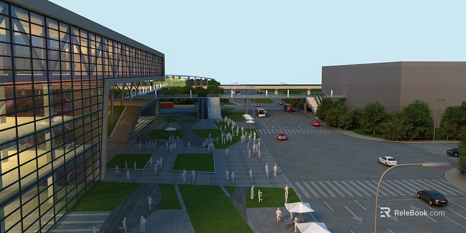 Road Infrastructure With Pedestrian Overpass Parking Area Vehicles Pedestrians Greenery And Street Lamps 3d model 