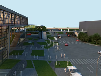 Road Infrastructure With Pedestrian Overpass Parking Area Vehicles Pedestrians Greenery And Street Lamps 3d model