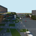 Road Infrastructure With Pedestrian Overpass Parking Area Vehicles Pedestrians Greenery And Street Lamps