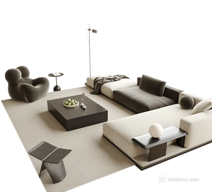 Modern Sofa Coffee Table Set With Beige Rug Floor Lamp And Side Table 3d model 