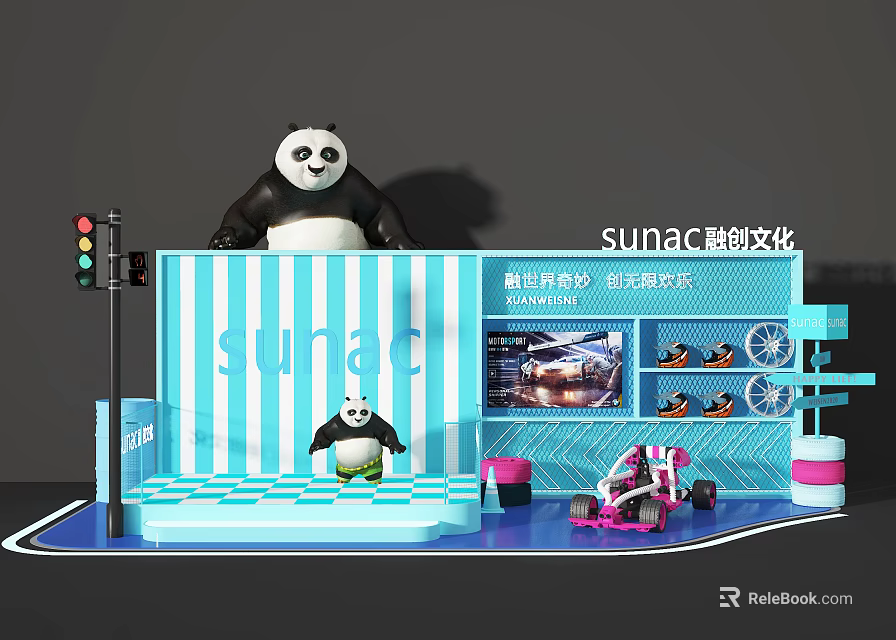 Panda Models On SUNAC Culture Blue Stage With Racing Car And Traffic Light 3d model 