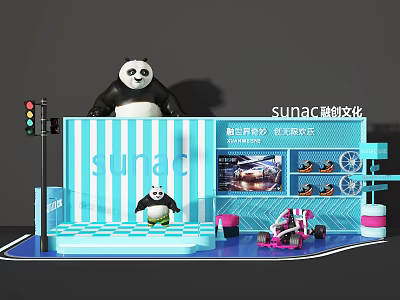 Panda Models On SUNAC Culture Blue Stage With Racing Car And Traffic Light 3d model