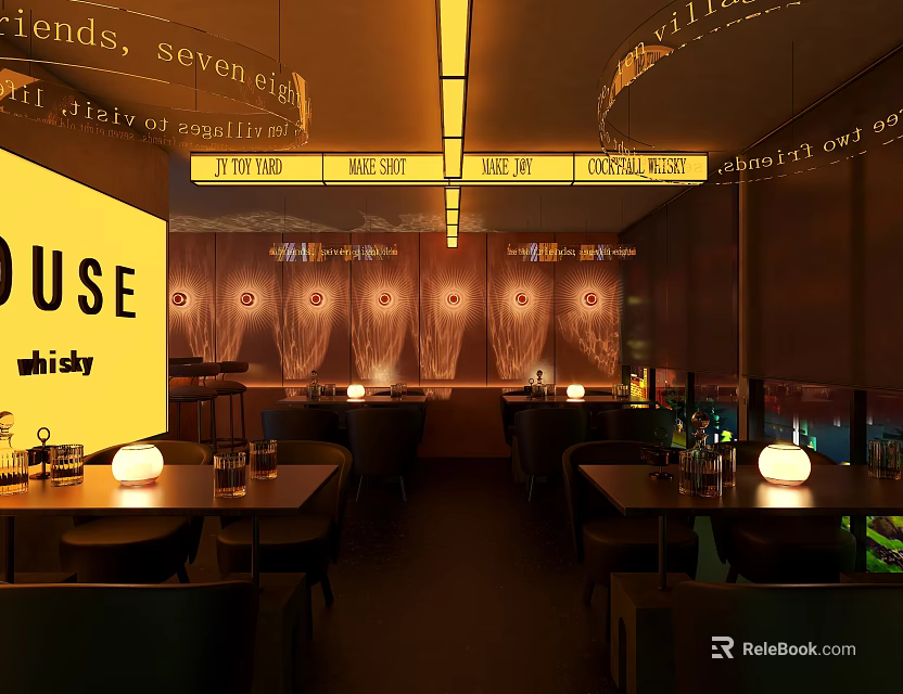 Cozy Bar Interior With Yellow House Sign Warm Lights And Friends Gathering Tables 3d model 