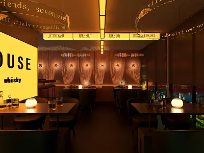 Cozy Bar Interior With Yellow House Sign Warm Lights And Friends Gathering Tables 3d model