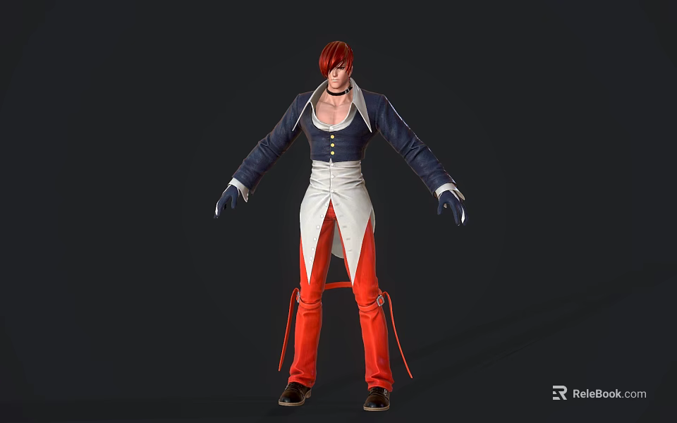3D Character With Red Hair Blue And White Coat Red Pants Black Gloves Standing Pose 3d model 
