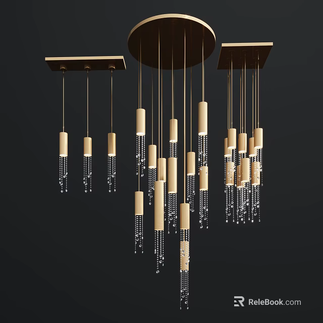 Modern Elegant Chandelier With Gold Metal Frame Cylindrical Columns And Crystal Pendants 3d model 